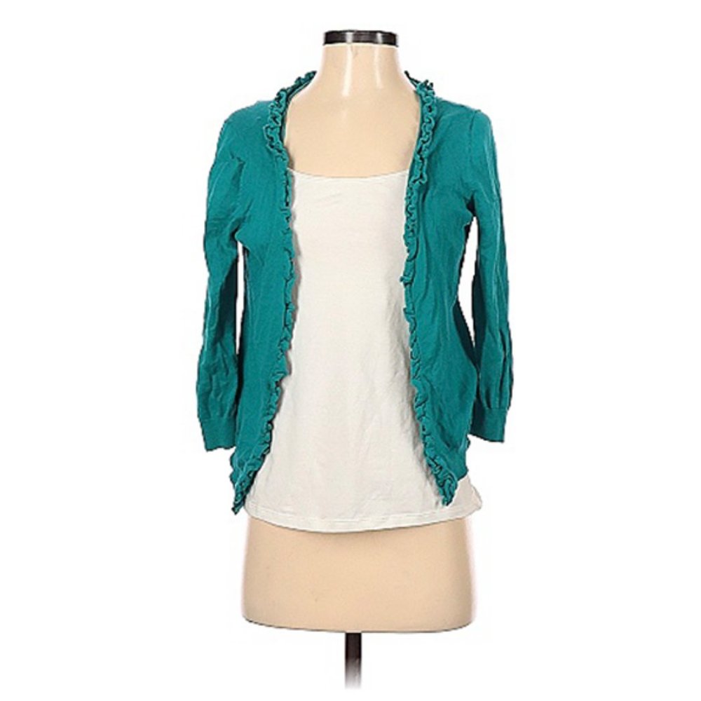 Teal cardigan with ruffle edge